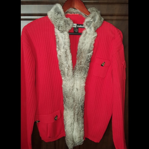 Red Cardigan Fur Sweater - Picture 1 of 2