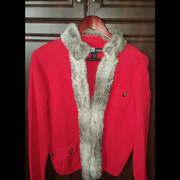 Red Cardigan Fur Sweater - Picture 2 of 2