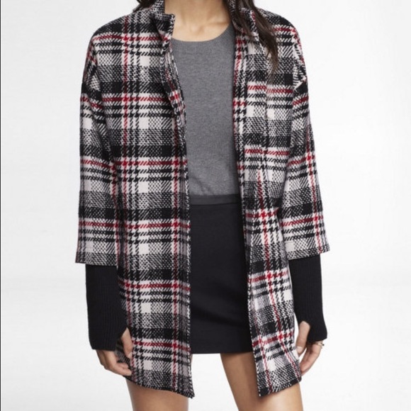Plaid ribbed knit sleeve cocoon coat