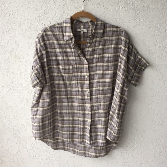 MADEWELL SHORT SLEEVE OVERSIZED LINEN PLAID TOP