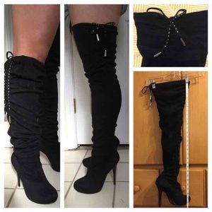 Adjustable Black Suede Heel Boots