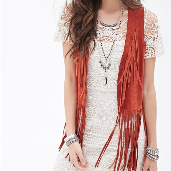 Forever 21 Fringe Suede Orange Vest
