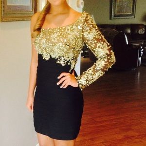 one shoulder black & gold JOVANI dress