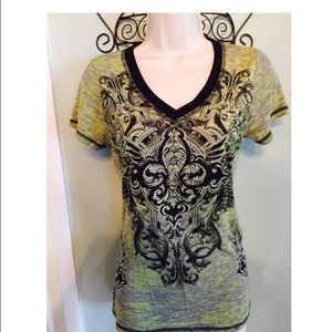 Fleur de Lis Green/ Gray Top w/Crystals. Med