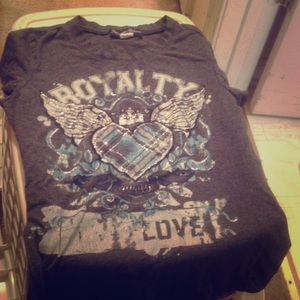 Grey t-shirt with writing on it