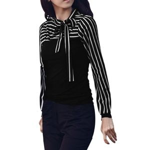 Lady Bow Neck Blouse Stripe Long Sleeve Shirt
