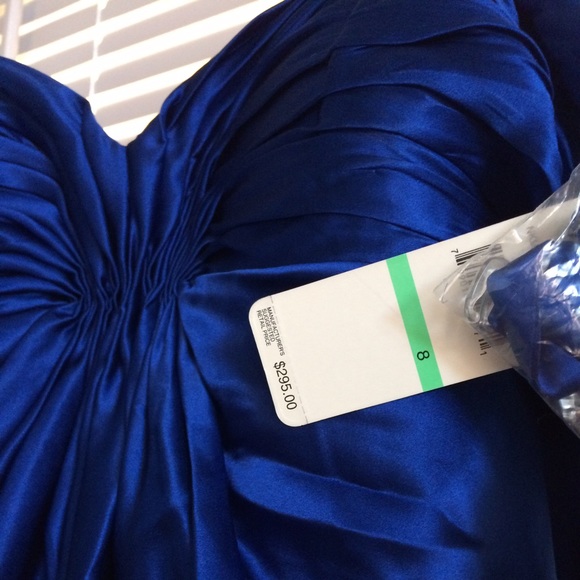 blue satin gathered strapless gown - Picture 2 of 3