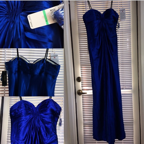 blue satin gathered strapless gown - Picture 3 of 3