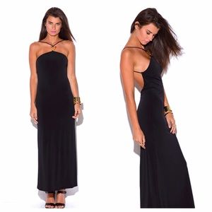 Black Embellished Halter Backless Dress