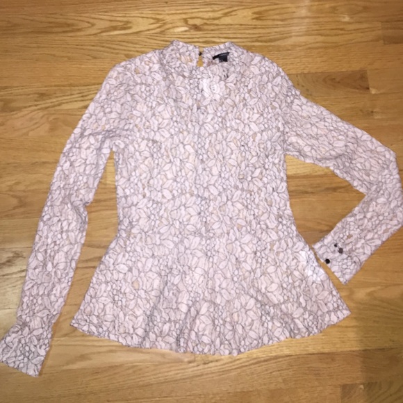 High neck lace peplum top with button up closure