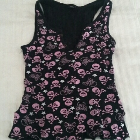Black and pink skull no fear lace top tank top