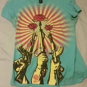 Teal Obey womens guns flowers graphic tee