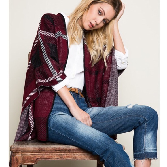 CLEARANCE "Fire and Ice" Plaid Print Poncho Wrap - Picture 2 of 4