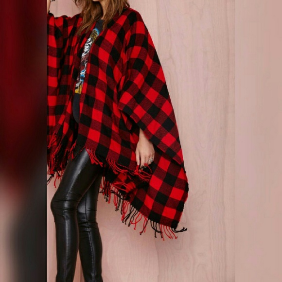SOLD! Red & Black Buffalo Plaid Fringe Poncho - Picture 2 of 4