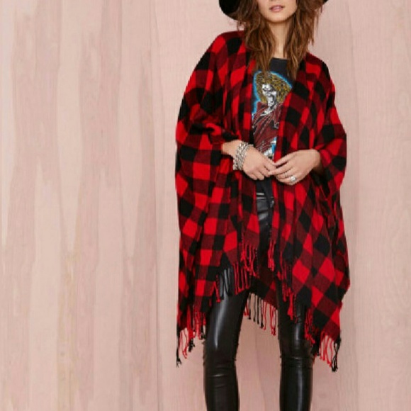 SOLD! Red & Black Buffalo Plaid Fringe Poncho - Picture 3 of 4