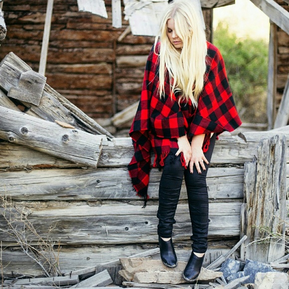 Jackets & Blazers - SOLD! Red & Black Buffalo Plaid Fringe Poncho