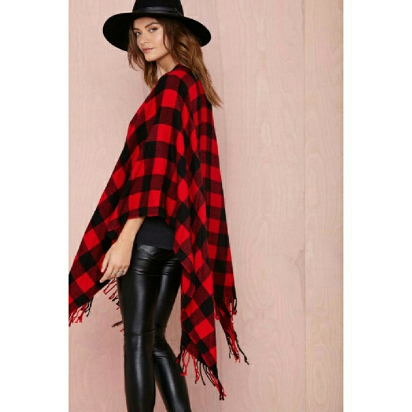 SOLD! Red & Black Buffalo Plaid Fringe Poncho - Picture 4 of 4