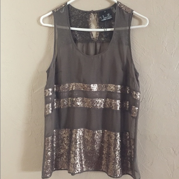 Noelle Sequin/Sheer Olive Green Top