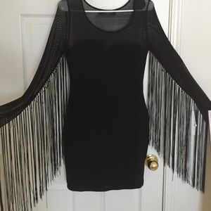 Black bodycon dress w/ mesh long sleeves & fringes