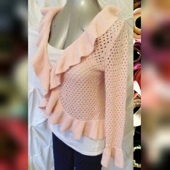 Pink knit sweater cardigan w/ruffles - Picture 2 of 4