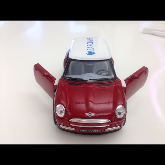Mini Cooper toy car with Barclays branding.