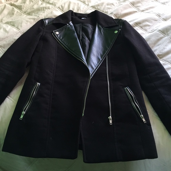 H&M black coat with faux leather accents