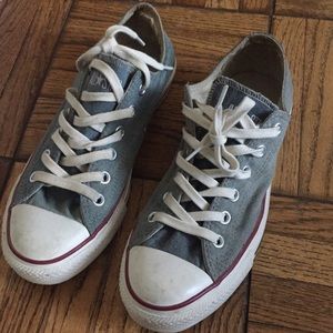Light blue denim converses.