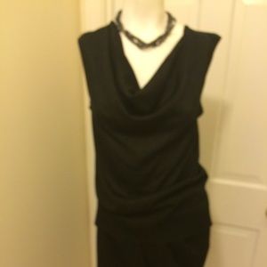 Black metallic silk blend sleeveless cowl-neck top