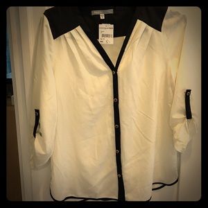 Black and white silk blouse with three quarter