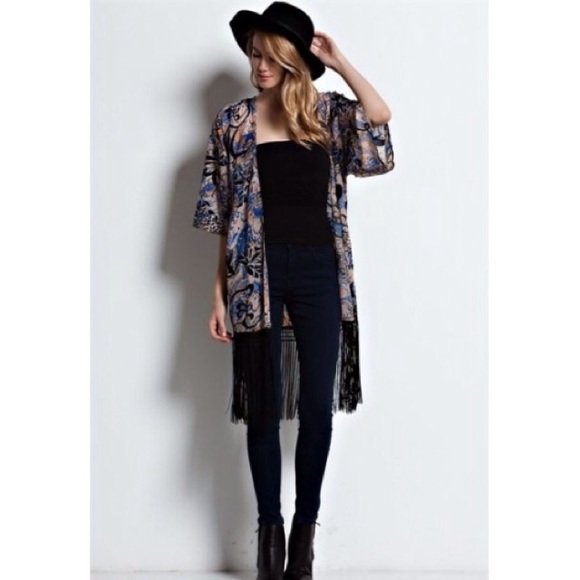 3/4 Sleeves Vintage Print Fringe Detail Kimono
