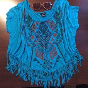 Rue 21 Blue Aztec Fringed Crop Top