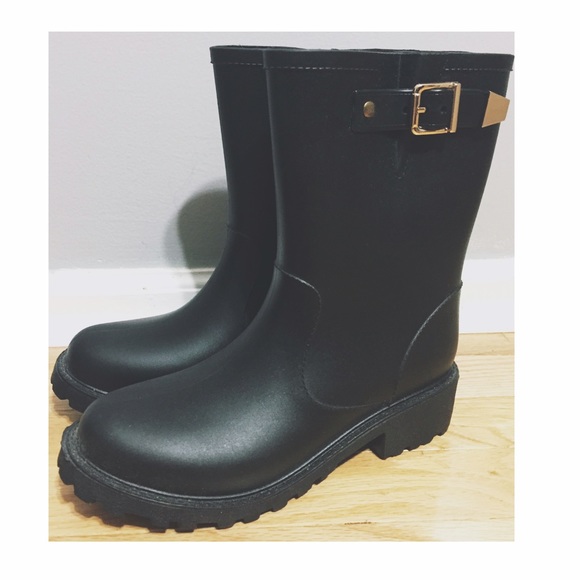Black Rain Boots with Gold Buckle
