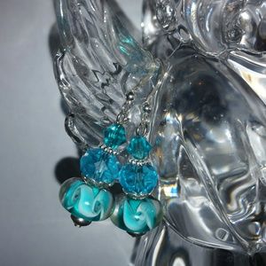 Teal and White Lampwork Glass Earrings