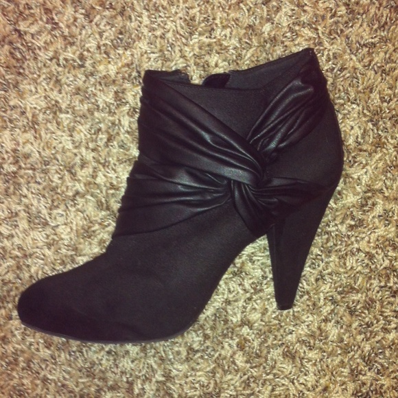 Black suede booties with leather wrap detail