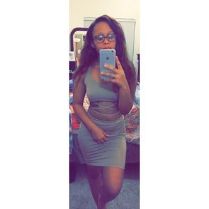 Tan two piece dress.