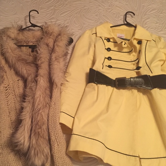 Fur vest sweater and yellow belted coat