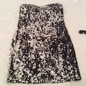 Strapless mini sequin dress.