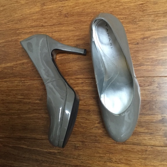Gray Patent Leather Tahari Platform Heels