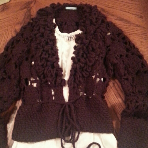 Heavy open weave choc brown cardigan ties in front - Picture 1 of 4