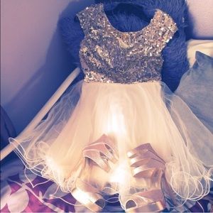Cap sleeve gold sequin dress w/ tulle skirt