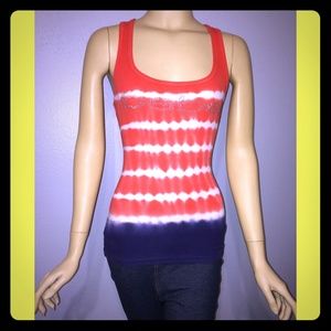 👀😍Bebe Logo Peach Navy Blue Tie Dye Top. Size XS