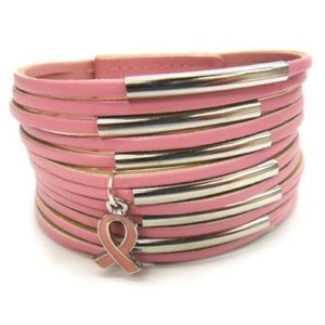 Leather Pink Ribbon Bracelet