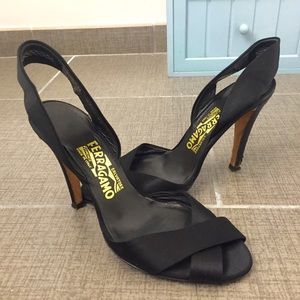 Salvatore Ferragamo Black Satin Strappy Heels