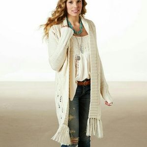 American Eagle AE open fringe sweater coat white