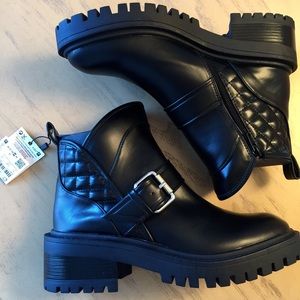 Zara Faux Leather Black Quilted Ankle Boots