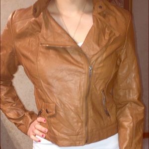A caramel colored leather jacket