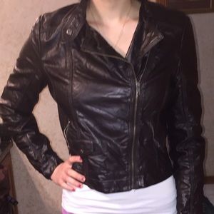 A wrinkly black leather jacket