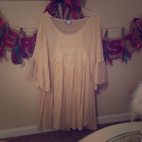 Cream boho sack dress wth tulle/mesh sleeves/skirt