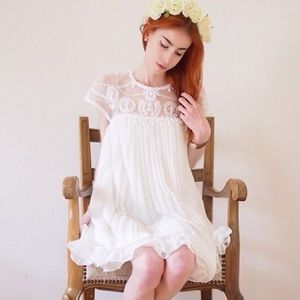 Beads Embellished Pleated Dolly Dress in White