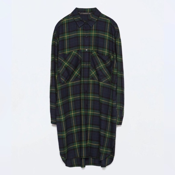 Zara Tops - ZARA Button Up Flannel Shirt Dress in Navy Plaid